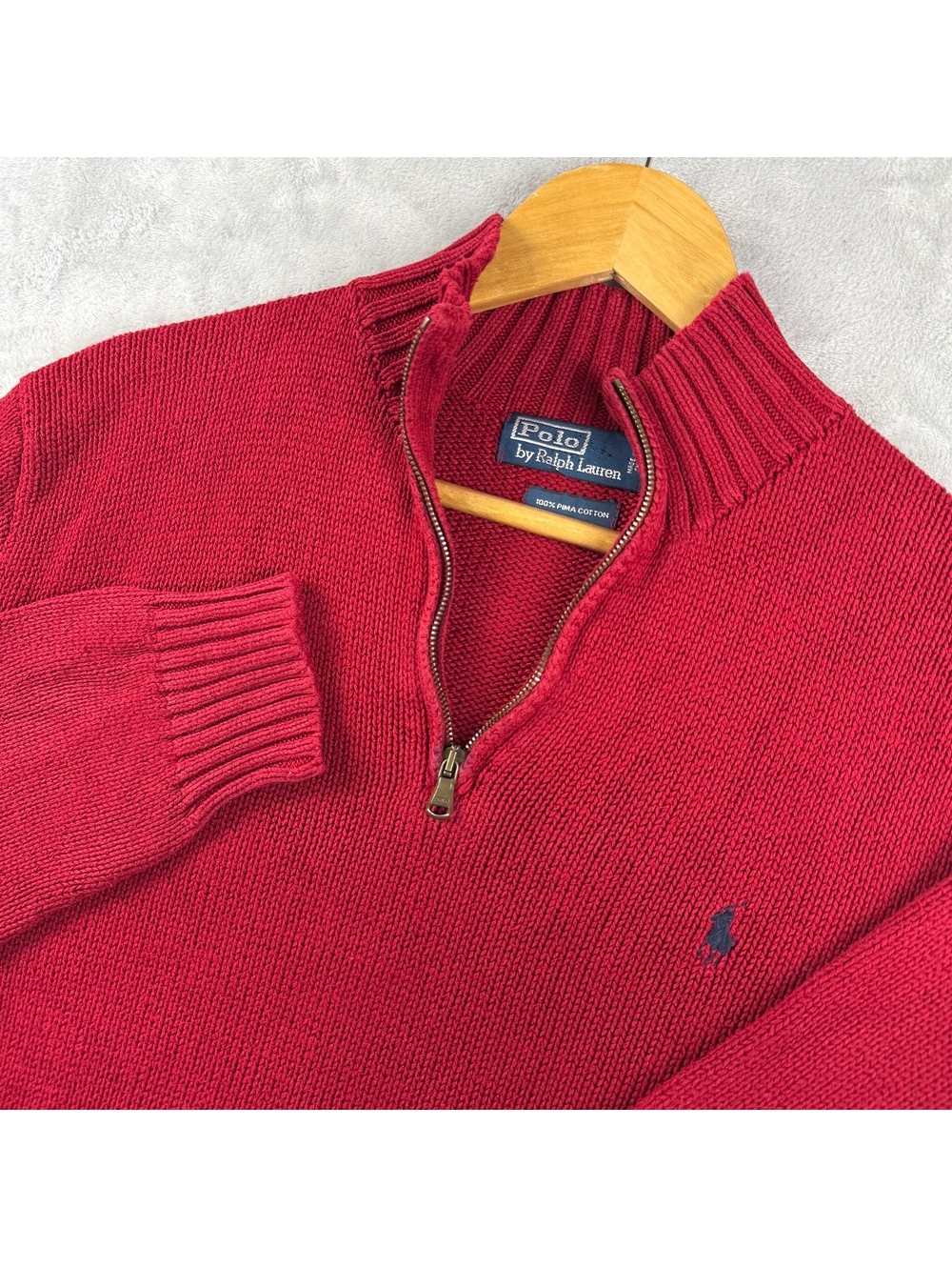 Polo Ralph Lauren 100% Pima Cotton 1/4 Zip Sweater Red Navy Pony Size L Preppy